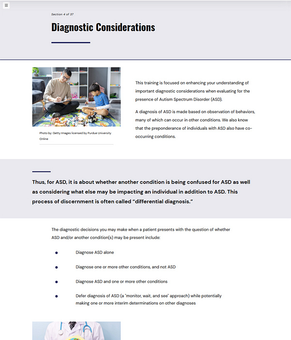 Diagnostic Considerations lesson combining photography, explanatory text, a highlighted key concept, and a bulleted list of possible diagnostic decisions.