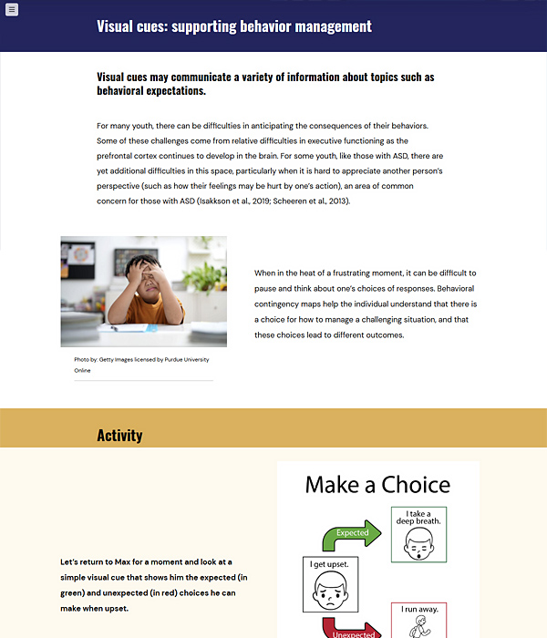 Lesson on visual cues for behavior management, combining explanatory text, photography, and an activity featuring a visual map of behavioral choices.